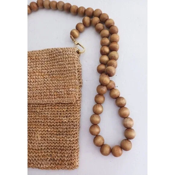 FILO Woven Straw Crossbody Flap Front Round Natural Wood Bead Strap - Picture 4 of 8
